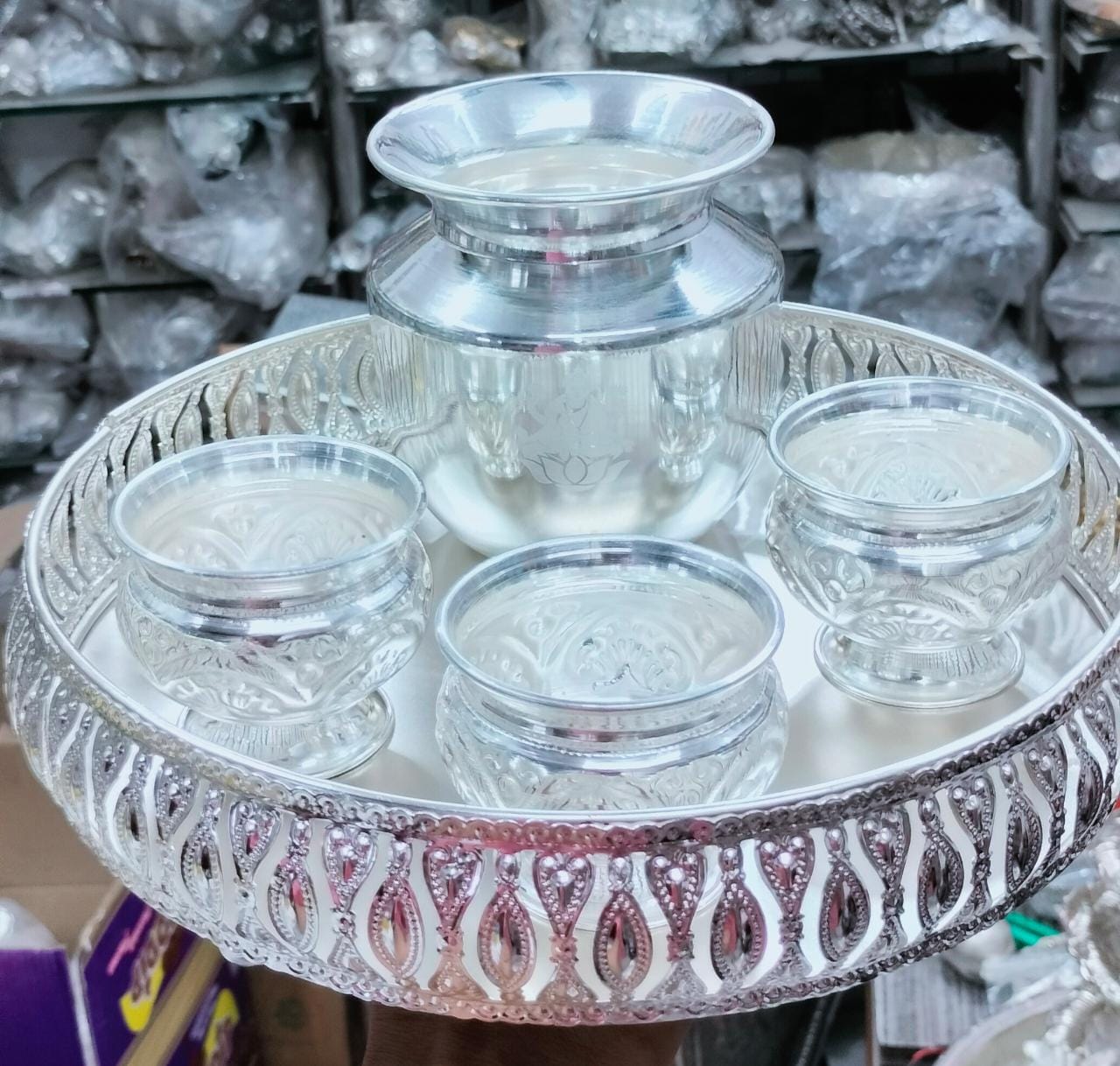 German Silver New Pooja Set- 5 Pieces Set/Tray Set with Bowls